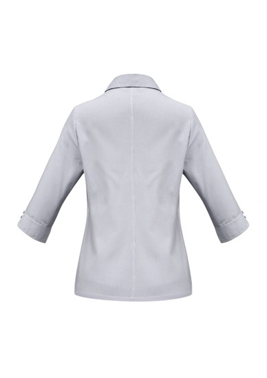 A light grey women's button-up shirt with 3/4 sleeves and a collar, featuring button details on the cuffs and a back seam.