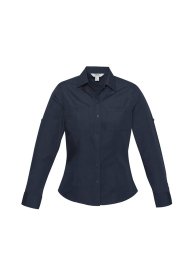 A navy blue women's button-up long sleeve shirt with two front pockets and a collar. It features a logo on the sleeve.