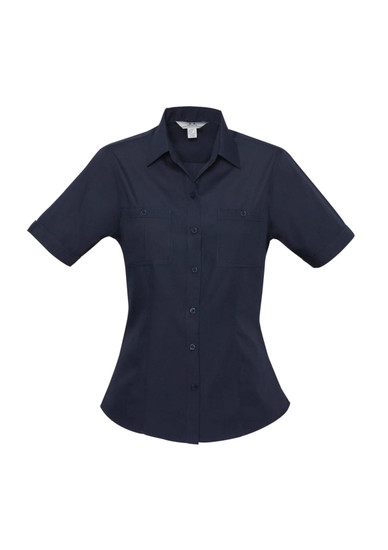 A navy blue women's button-up shirt with short sleeves and two front pockets. It features a logo on the label.