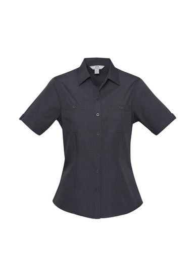 A women's short sleeve button-up shirt in dark grey, featuring dual chest pockets and a tailored fit.