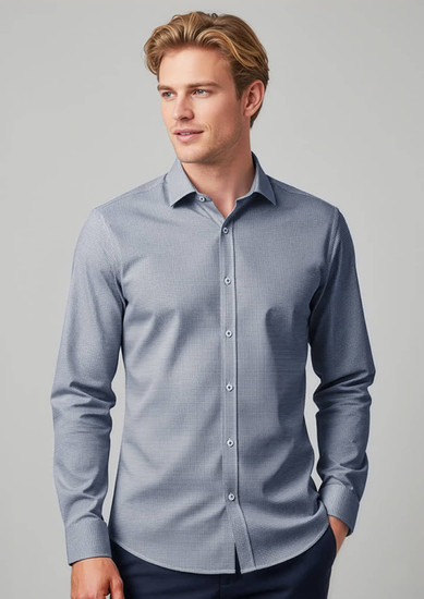 A tailored long sleeve button-up shirt in a light blue checkered pattern, featuring a logo on the chest.