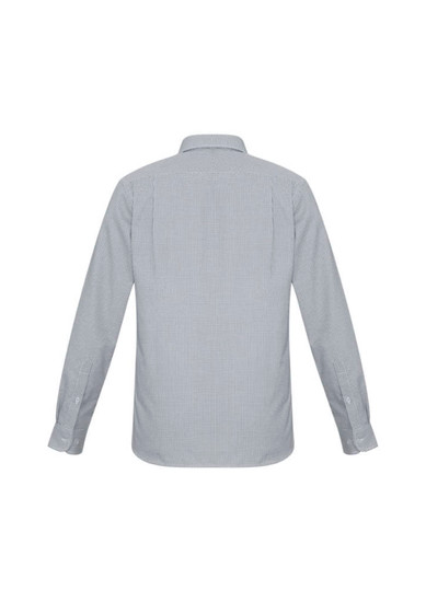 A long-sleeve, button-up shirt in a light grey and white striped pattern, featuring a classic collar and cuffs.