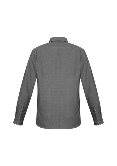 A long sleeve button-up shirt featuring a black and white striped pattern, with a collar and button cuffs.