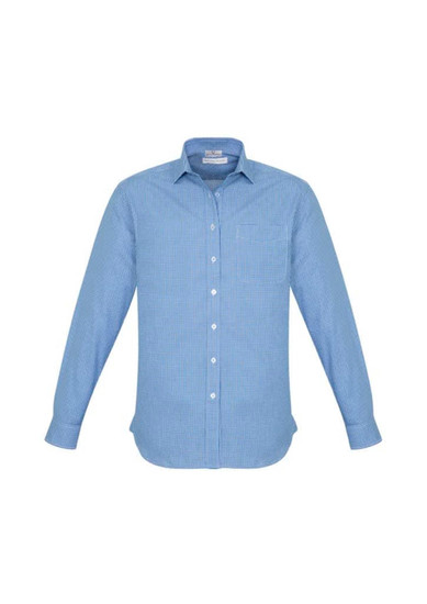 A blue and white striped long sleeve button-up shirt with a pocket and a logo.