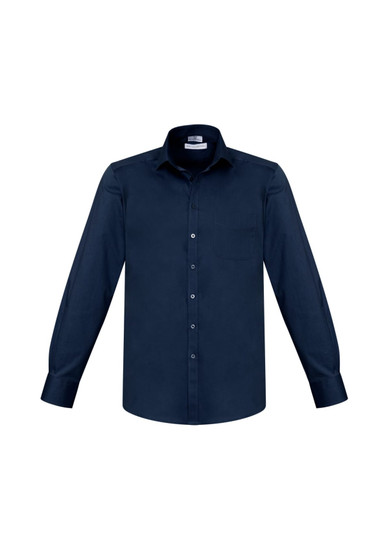 A navy long sleeve button-up shirt with a single chest pocket and a collar. It features a logo on the label.