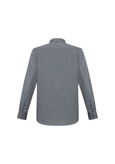 A grey long sleeve button-up shirt featuring a back view and a logo on the collar.