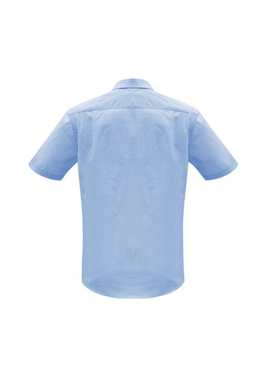 A light blue short sleeve button-up shirt with a tailored fit and a logo on the back.