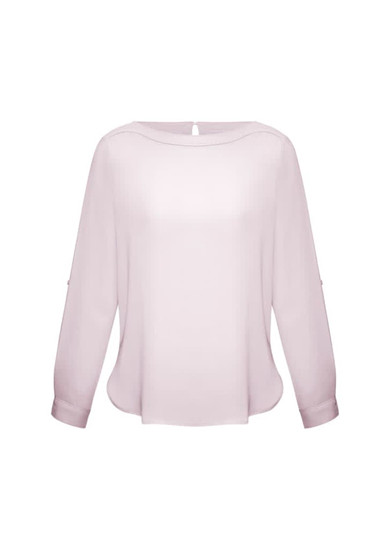 A light pink women's boatneck top with long sleeves and a round hem, featuring a small keyhole detail at the back.