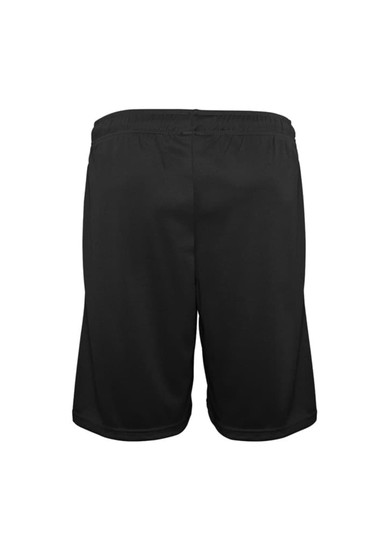 A pair of black sports shorts with an elastic waistband and a plain design, featuring a logo on the back.