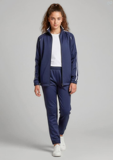 A girl models navy track pants with a matching jacket. The outfit features white stripes and a logo.
