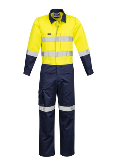 Bright yellow and navy overall featuring reflective strips, two chest pockets, and a logo. Suitable for work settings.