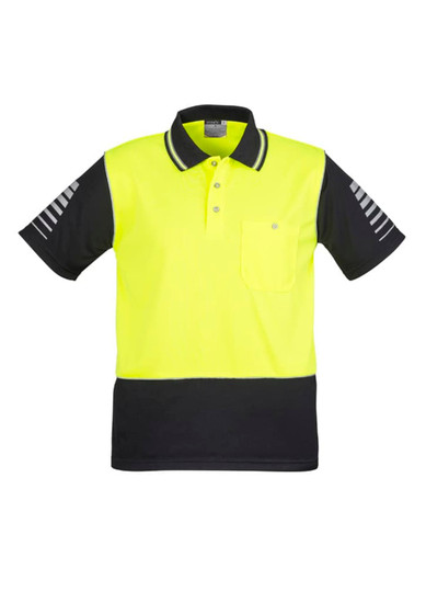 A short sleeve polo shirt in hi-vis yellow with black detailing and reflective stripes. It features a pocket and logo.