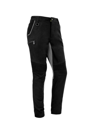 A pair of black stretch work pants featuring a zip pocket and textured panels, with a logo on the fabric.