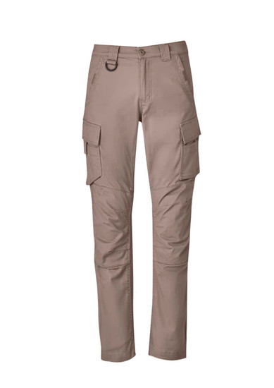 Curved cargo pants in a beige colour, featuring multiple pockets and a looping strap. Includes a branding logo.