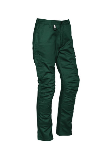 Mens rugged cargo pants in a deep green colour, featuring multiple pockets and a logo on the waistband.