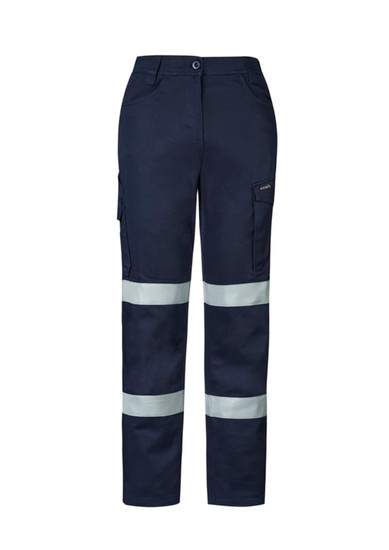 Navy cargo pants featuring reflective stripes and multiple pockets, with a logo on the front.