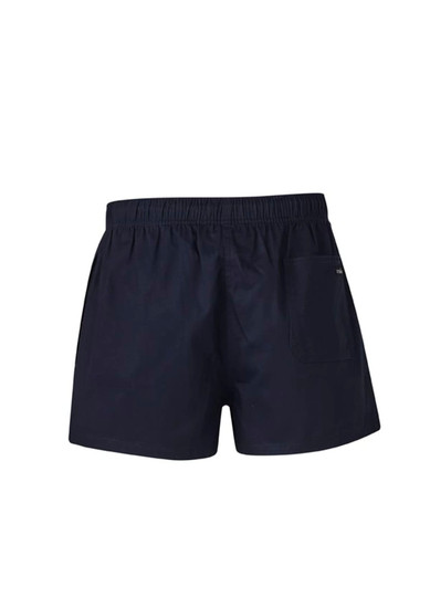 Navy men's rugby shorts with an elastic waistband and a single back pocket, featuring a logo.