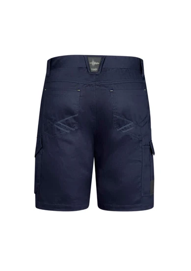 Men's navy cargo shorts featuring multiple pockets and a logo, designed for summer wear.