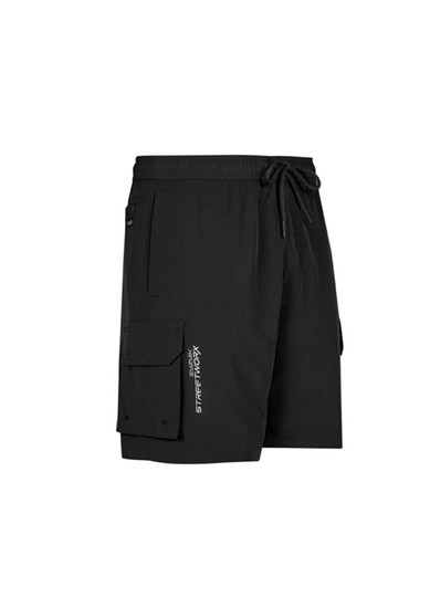Black sports shorts featuring cargo pockets and an elastic waistband, with a logo on the side.
