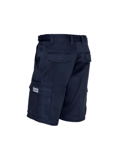 A pair of navy blue cargo shorts with multiple pockets and a branded logo on the side.