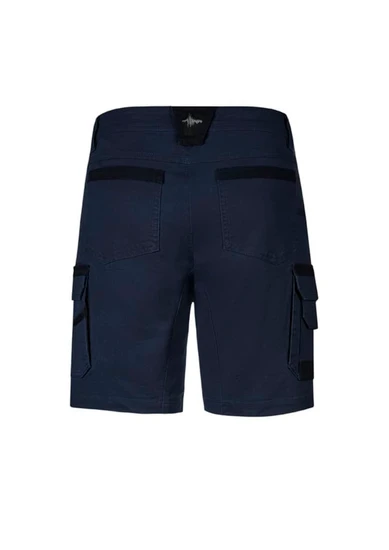 Navy men's shorts featuring cargo pockets and a logo at the waistband, designed for workwear purposes.