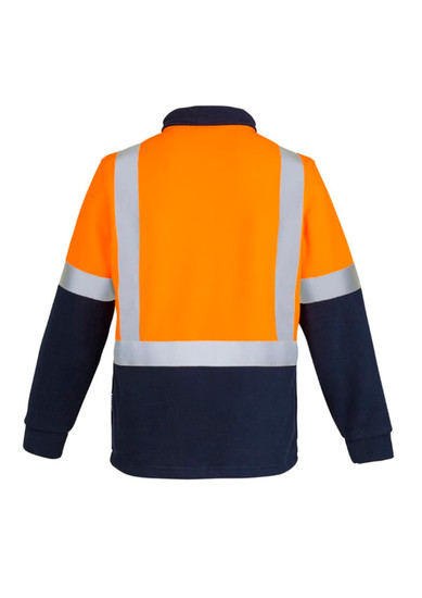 Unisex hi-vis polar fleece pullover featuring fluorescent orange and navy, with shoulder tape and a logo.
