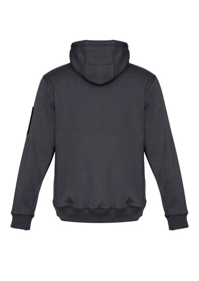 A unisex, grey multi-pocket hoodie with a hood and long sleeves, featuring a logo on the side.