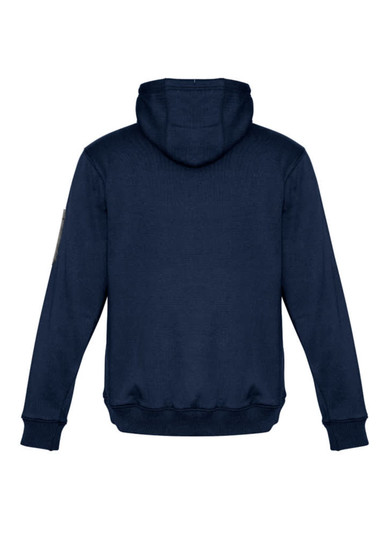 A navy unisex multi-pocket hoodie featuring a hood and ribbed cuffs, with a logo on the sleeve.