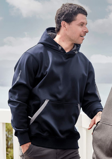 A navy unisex water-resistant hoodie with a logo, featuring a drawstring hood and side detailing.