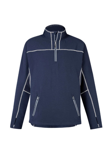 A dark navy mid-layer jacket with a half-zipper and contrasting white stitching, featuring two front pockets and a logo.