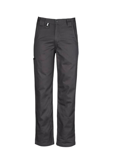 A pair of men's plain black utility pants with multiple pockets and a secure fastening.