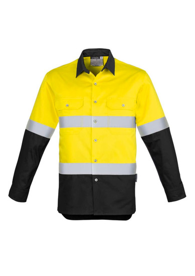 A long sleeve work shirt featuring yellow and black colours with reflective hoop tape accents and a logo.