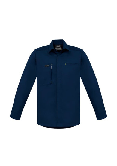 A navy long-sleeve stretch shirt with a chest pocket and branding. Suitable for workwear use.