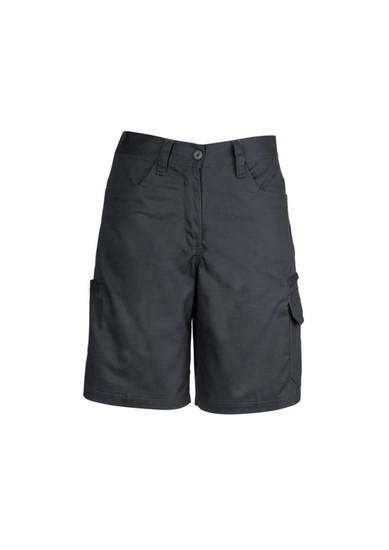 A pair of women's plain black utility shorts with multiple pockets and a button closure. It features a logo.