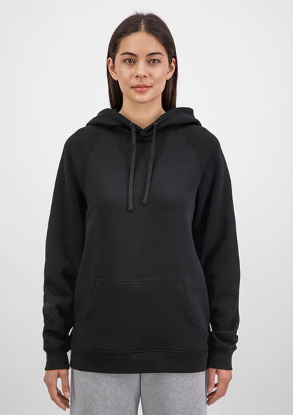 A women’s black hoodie featuring a front pocket and drawstring hood, with a logo on the front.