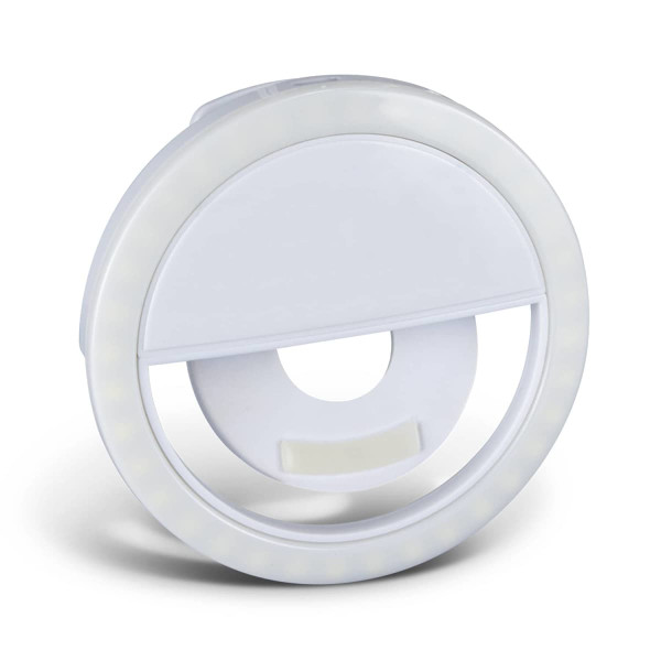 A circular white selfie phone light featuring an integrated stand and LED lights around the edge.
