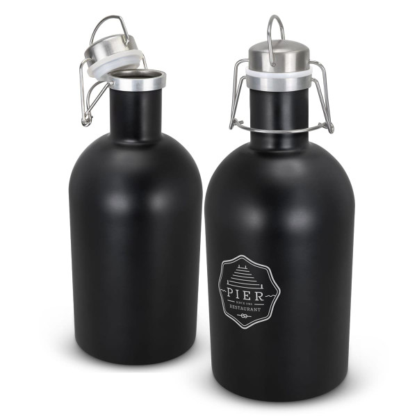 A drink bottle in matte black with a silver lid and a logo on the front. Two bottles are displayed side by side.