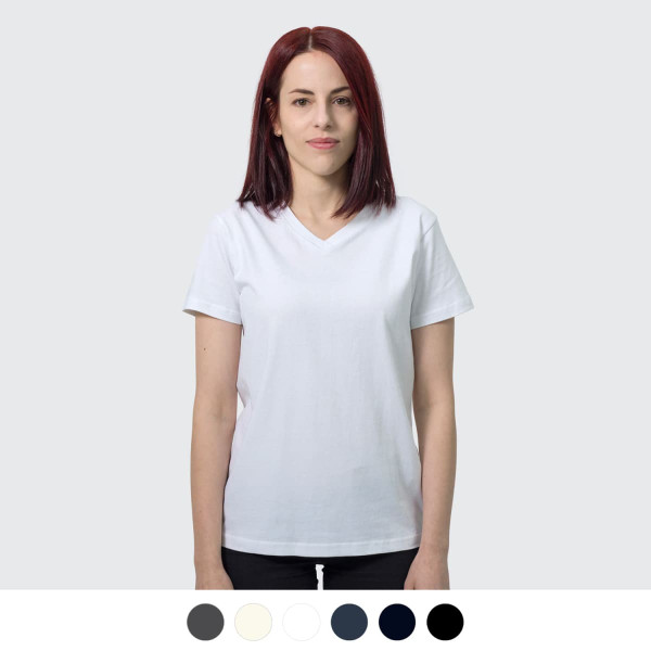 A white women's t-shirt with a v-neck design, featuring a model standing against a light grey background.