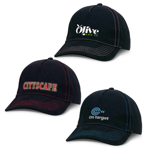Three black caps with varying embroidery designs and stitching colours, featuring a logo on the top left cap.