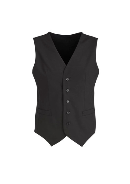 A black men's peaked vest featuring a five-button front and two side pockets, with a smooth fabric finish.