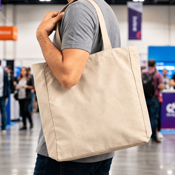 A person holds a beige 450gsm Victorian canvas tote bag with shoulder straps. The bag features a logo.