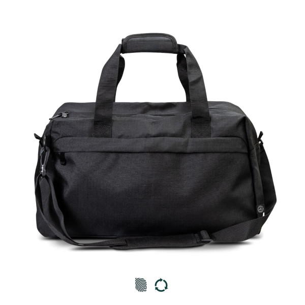 A black recycled duffle bag with dual handles, a shoulder strap, and a logo on the side.