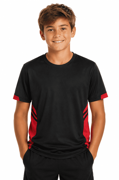 A black T-shirt with red accents, featuring a young boy smiling while posing with hands in pockets.