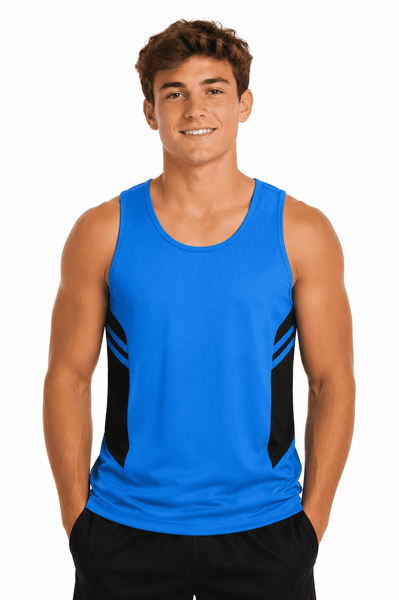 A blue and black men’s singlet with a logo, featuring a sleeveless design and a relaxed fit.