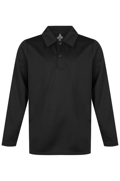 A black long-sleeve polo shirt with a collar and three buttons, featuring a logo at the neck.