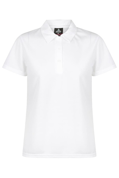 A white polo shirt with a collar and buttons, featuring a logo on the chest.