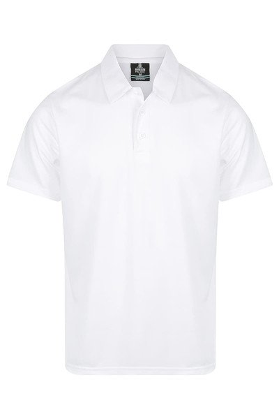 A white men's polo shirt featuring a collar and a logo. Suitable for casual or athletic wear.