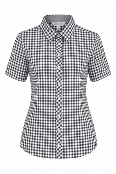 A short-sleeve button-up shirt in a black and white gingham pattern with a collar and a logo.