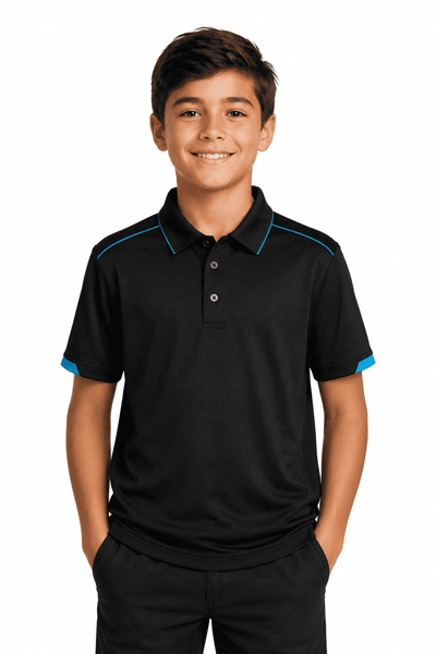 A black polo shirt with blue accents, suitable for kids, displayed on a smiling boy. The shirt has a logo.