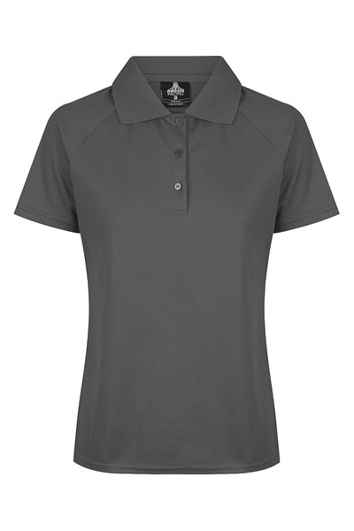 A charcoal grey polo shirt with a collar, buttons, and a logo on the chest.
